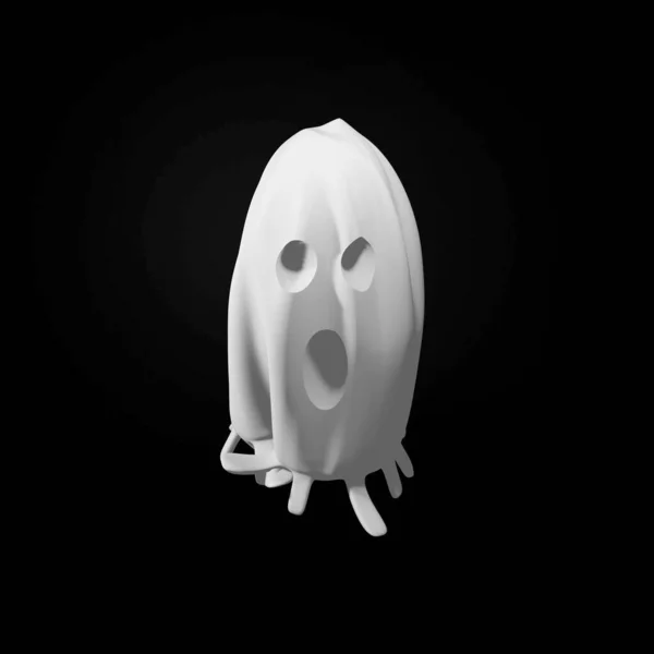 Strašidelný Roztomilý Halloween Bílý Duch Izolované Černém Pozadí Vykreslování — Stock fotografie