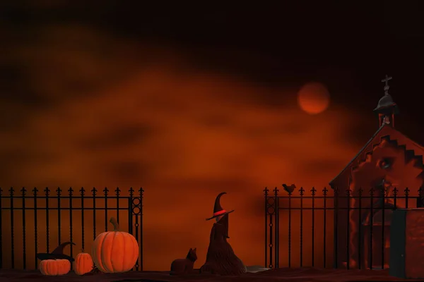 ハロウィーンの背景 魔女とカボチャのスプーキーナイトシーン 3Dレンダリングイラスト — ストック写真