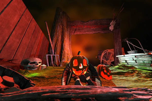 Halloween Colorful Background Pumpkins Skull Head Render Illustration — Stock Photo, Image