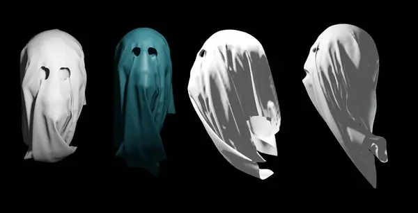 Set Black White Spooky Scary Halloween Ghosts Render Illustration — Stock Photo, Image
