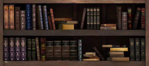 Vintage Boekenkast Met Stapel Oude Boeken Een Rij Bibliotheek Begrip Stockafbeelding
