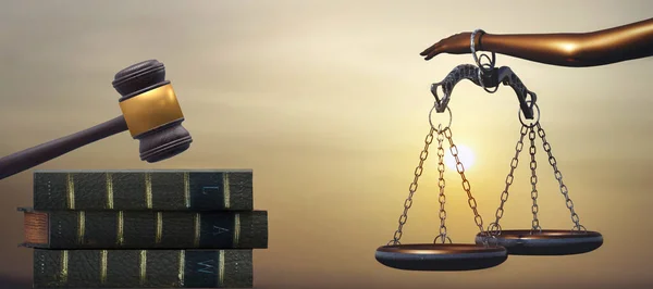 Legal law concept. Scales of Justice in Themis hand and gavel - wooden justice hammer with books on sunset sky background. 3D render illustration.