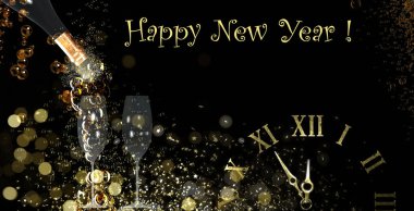 Yeni yılda mesajla, şampanya şişesinde su kabarcıkları ve gece yarısını gösteren saatle mutlu yıllar. 3 Boyutlu resimleme.