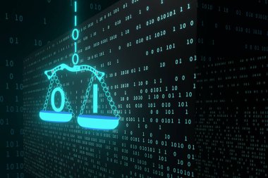 İnternet siber hukuk kavramı. Adalet skalaları ve ikili kod numaraları olan bir geçmiş. Dijital hukuk hizmetleri ve Yapay Zeka fikri. 3 Boyutlu resimleme.