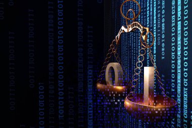 İnternet siber hukuk kavramı. Adalet skalaları ve ikili kod numaraları olan bir geçmiş. Dijital hukuk hizmetleri ve Yapay Zeka fikri. 3 Boyutlu resimleme.