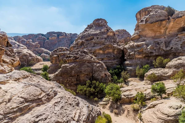 stock image A view across the rocky landscape above the gorge at Little Petra, Jordan in summertime