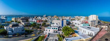 A panorama view west from the battlements of the Castle of San Cristobal, San Juan, Puerto Rico on a bright sunny day