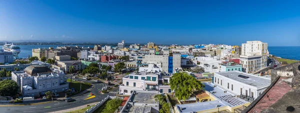 A panorama view west from the battlements of the Castle of San Cristobal, San Juan, Puerto Rico on a bright sunny day