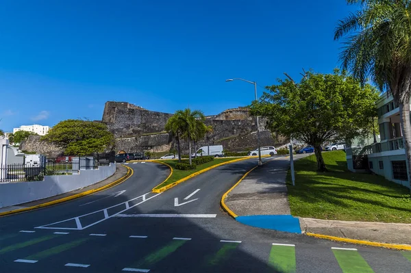 A view up a road towards the Castle of San Cristobal, San Juan, Puerto Rico on a bright sunny day