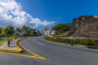 A view up the road past the castle of San Christobal in San Juan, Puerto Rico on a bright sunny day