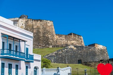 A view looking back up towards the castle of San Christobal in San Juan, Puerto Rico on a bright sunny day