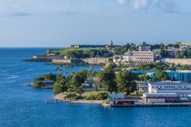 A view towards the harbour entrance in San Juan, Puerto Rico on a bright sunny day
