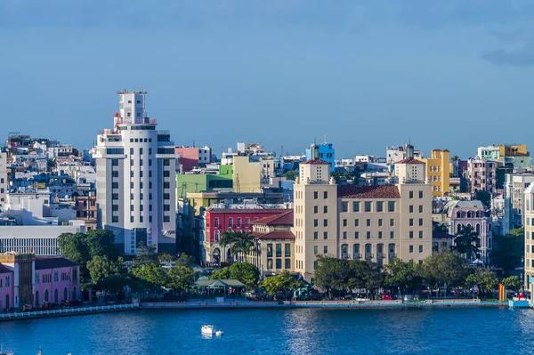 A view towards coloutful buikdings in San Juan, Puerto Rico on a bright sunny day