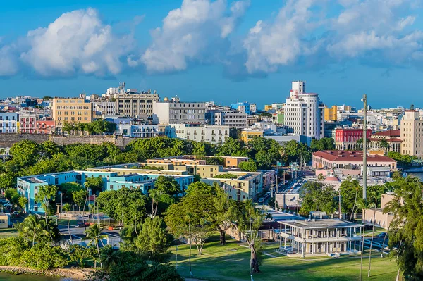 A view from the harbour entrance towards San Juan, Puerto Rico on a bright sunny day