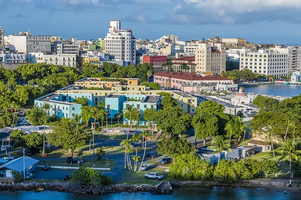 A view from the harbour entrance inland in San Juan, Puerto Rico on a bright sunny day