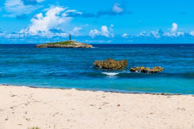 A view offshore from Puerto Plata in the Dominion Republic on a bright sunny day