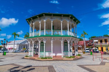 A view across the town square in Puerto Plata in the Dominion Republic on a bright sunny day