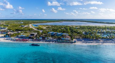 An aerial view over a resort on the island of Grand Turk on a bright sunny morning