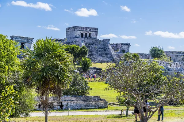 stock image A view towards the castle temple ruins at the Mayan settlement of Tulum, Mexico on a sunny day