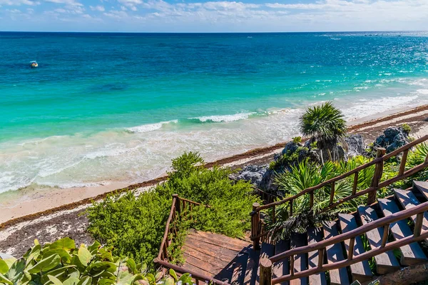 View Cliffs Beach Mayan Settlement Tulum Mexico Sunny Day — Stock Photo, Image