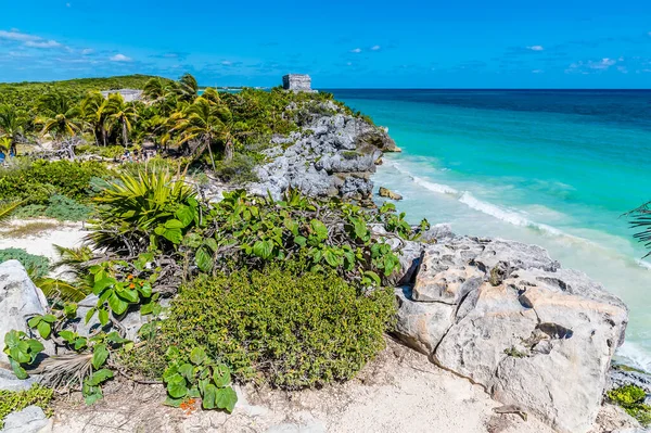 View Rocky Cliff Coast Mayan Settlement Tulum Mexico Sunny Day — Stock Photo, Image
