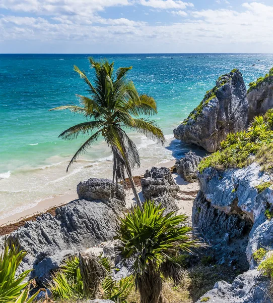 View Cliff Top Isolated Beach Mayan Settlement Tulum Mexico Sunny — Stock Photo, Image