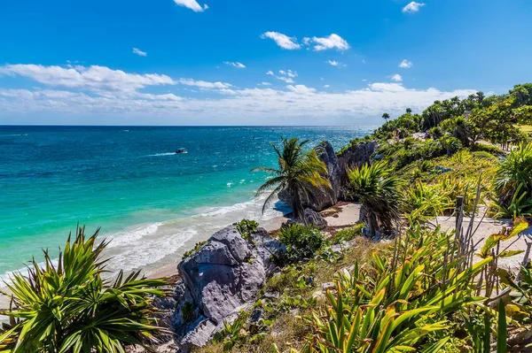 View Cliff Top Coastline Mayan Settlement Tulum Mexico Sunny Day — Stock Photo, Image