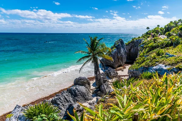 View Cliff Top Isolated Beach Mayan Settlement Tulum Mexico Sunny — Stock Photo, Image