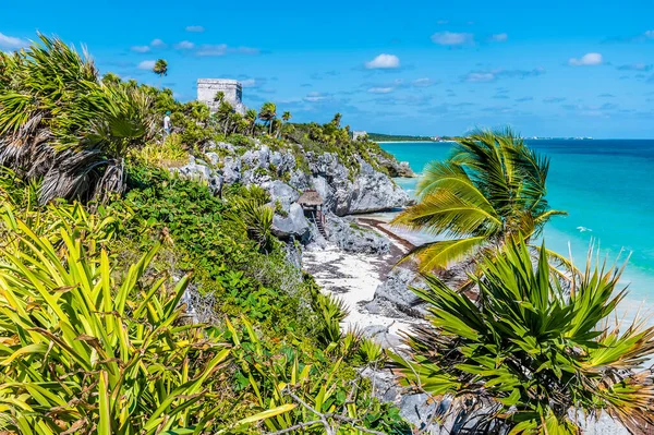 View Cliffs Coastline Mayan Settlement Tulum Mexico Sunny Day — Stock Photo, Image