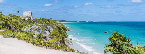 Panorama View Cliffs Rocky Shoreline Mayan Settlement Tulum Mexico Sunny — Stock Photo, Image