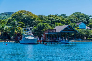 Güneşli bir günde Roatan Adası 'ndaki Batı Körfezi' ne yakın bir tekne manzarası ve demirleme tepe örtüsü