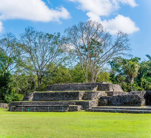 Belize 'deki antik Maya şehri Altun Ha' nın kalıntılarında güneşli bir günde ikinci plazanın kenarına doğru bir manzara.