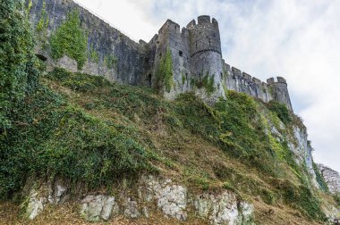 Gün batımından hemen önce Galler 'in Pembroke kentindeki Cleddau Nehri' nin yanındaki kalenin duvarlarına bakan bir manzara.