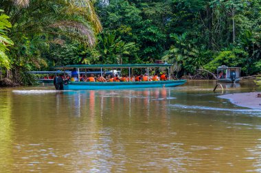 Kurak mevsimde Kosta Rika 'daki Tortuguero Nehri' nin sığ bir bölgesindeki nehir trafiğinin görüntüsü