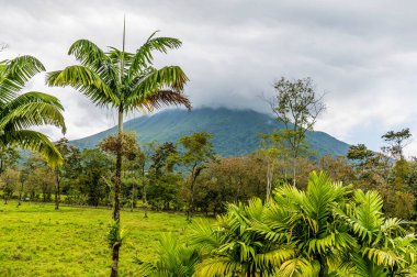 Kurak mevsimde La Fortuna, Kosta Rika 'nın kenar mahallelerindeki Arenal yanardağının manzarası bulutları kapladı.