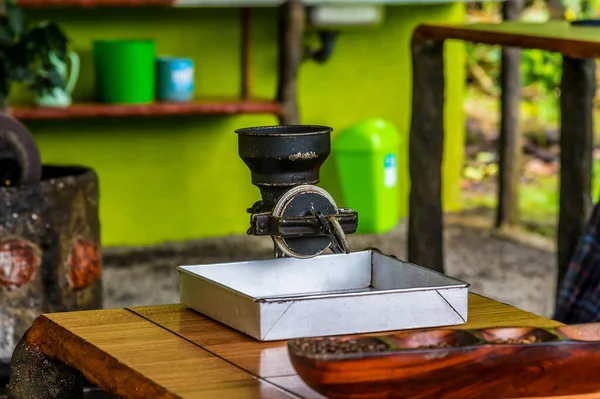 stock image A view of a hand mixer used to grind coffee beans into powder in La Fortuna, Costa Rica during the dry roast, 