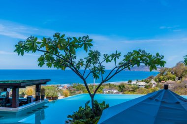 Kurak mevsimde Kosta Rika 'daki Tamarindo tatil beldesinin üzerindeki havuz manzarası