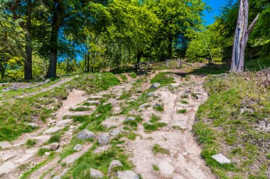 Yazın İngiltere 'nin Peak District bölgesindeki Stanage Edge' e kadar uzanan aşınmış yolun görüntüsü