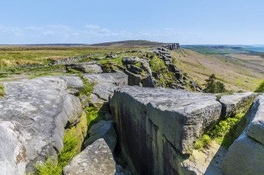 İngiltere 'nin Peak District bölgesindeki Stanage Edge yamacının tepesindeki en yüksek noktadaki değirmen taşı levhalarını geçtikten sonraki bir manzara
