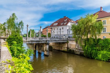 Slovenya 'nın başkenti Ljubljanica' daki Shoemakers köprüsüne doğru uzanan Ljubljanica Nehri 'nin kıyısında bir manzara