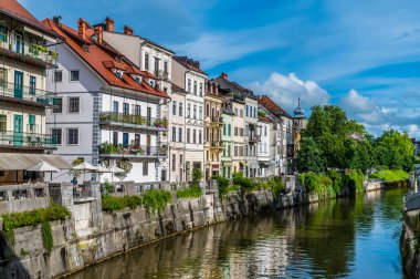 Slovenya 'nın Ljubljanica kentindeki Shoemakers köprüsünden bir manzara