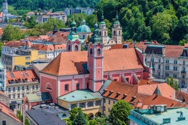 Slovenya 'nın orta kesimindeki Ljubljana katedralinden yazları çatılara doğru bir manzara