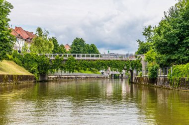 Ljubljanica Nehri 'nin üzerindeki Saint James Köprüsü manzarası, Slovenya' nın başkenti Ljubljana 'ya bakıyor.