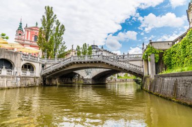Slovenya 'nın başkenti Ljubljana' daki Üçlü Köprü 'nün altındaki Ljubljanica Nehri' nde yaz mevsiminde gezinen manzara