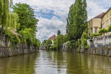 Slovenya 'nın Ljubljanica Nehri' nin aşağısında yaz aylarında Ljubljana şehir merkezinden bir manzara