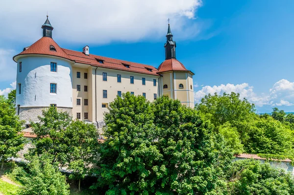 stock image A view towards the castle above the old town of Skofja Loka, Slovenia in summertime