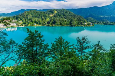 Slovenya 'nın Bled kentindeki gölün üzerindeki Kale manzarası