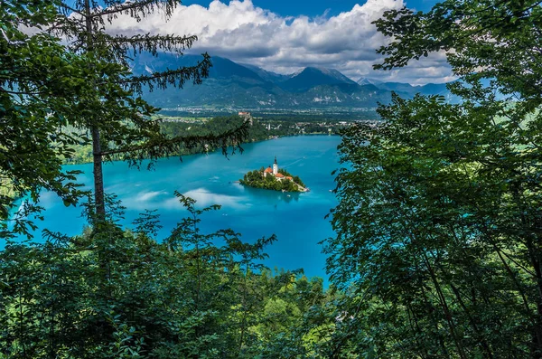 Genom Träden Nedanför Mala Osojnica Utsiktsplats Över Sjön Bled Slovenien — Stockfoto