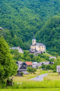Slovenya 'da Bohinj Gölü üzerindeki Kranjska dağlık köyüne giden bir manzara