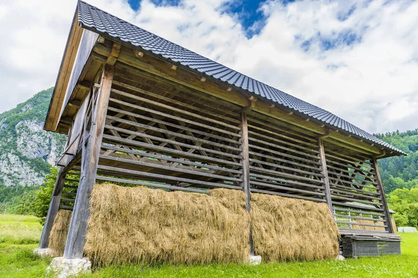 Slovenya 'da Bohinj Gölü yakınlarındaki bir dağlık köyde yaz mevsiminde büyük bir saman kurutma çerçevesinin yakın görüntüsü